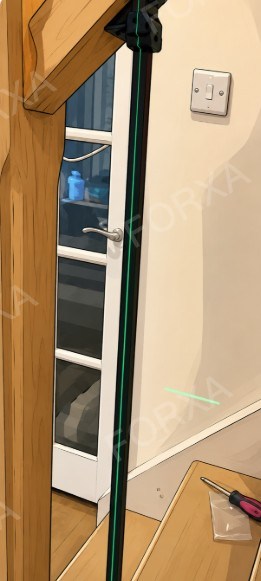 A laser level projecting a vertical green line from the baserail up to the handrail