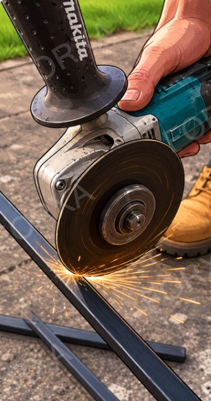 Cutting a metal spindle to length with an angle grinder and metal-cutting disc