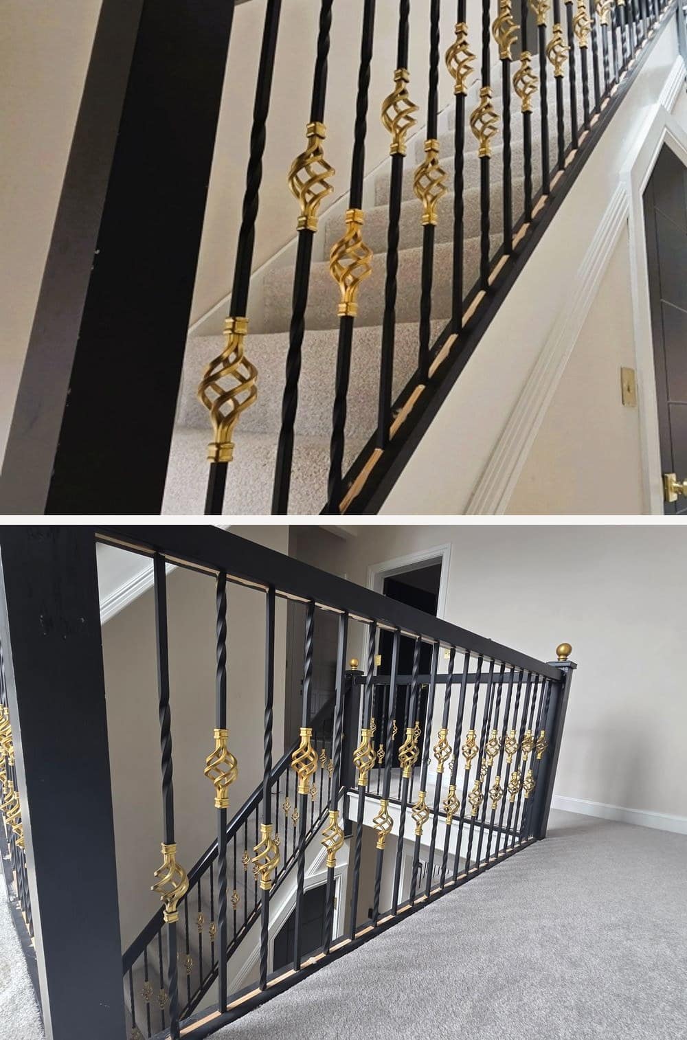 Q-104 Gold Basket spindles installed, full staircase run and landing detail