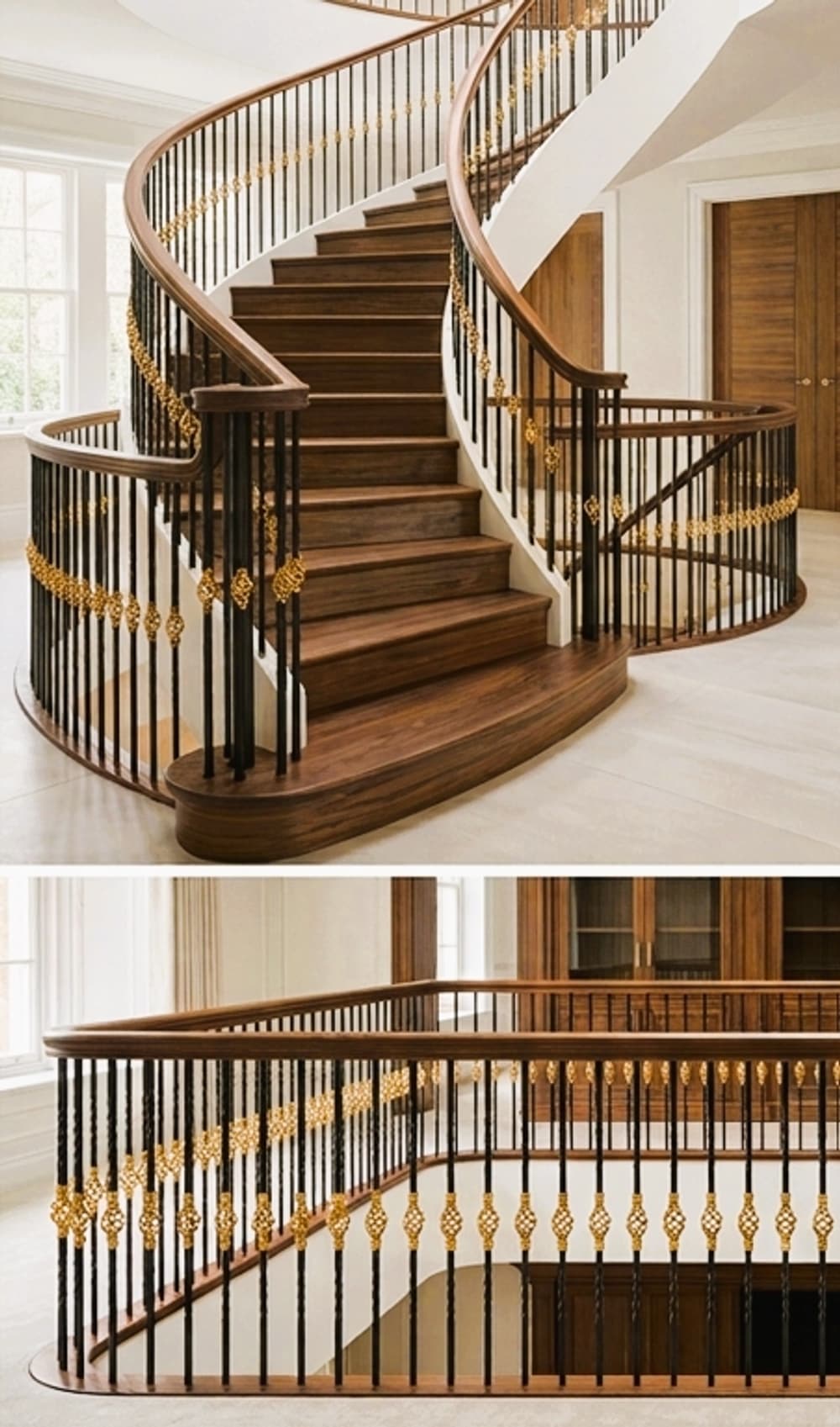 Q-104 Gold Basket spindles installed on a curved staircase in a luxury home-build project